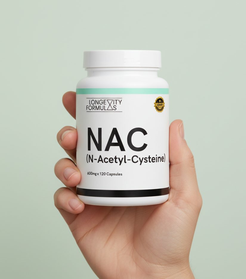 Hand holding a supplement bottle labeled 'NAC' with a light green background