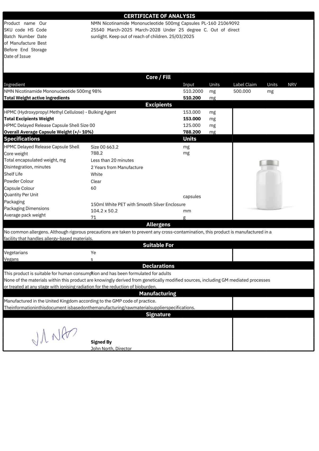 The certificate of analysis of our NMN product confirming pharmaceutical grade purity