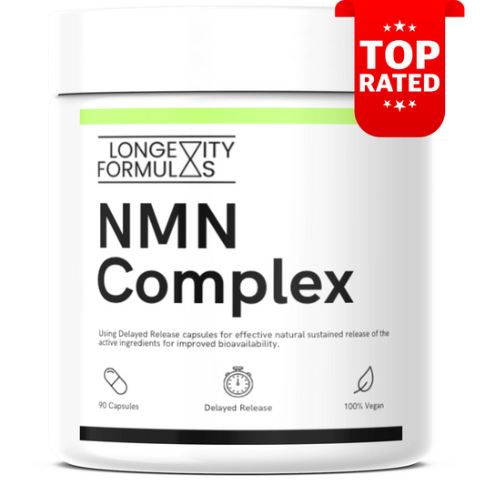 A tub of our NMN, TMG and Resveratrol Complex with a red "Top Rated" badge