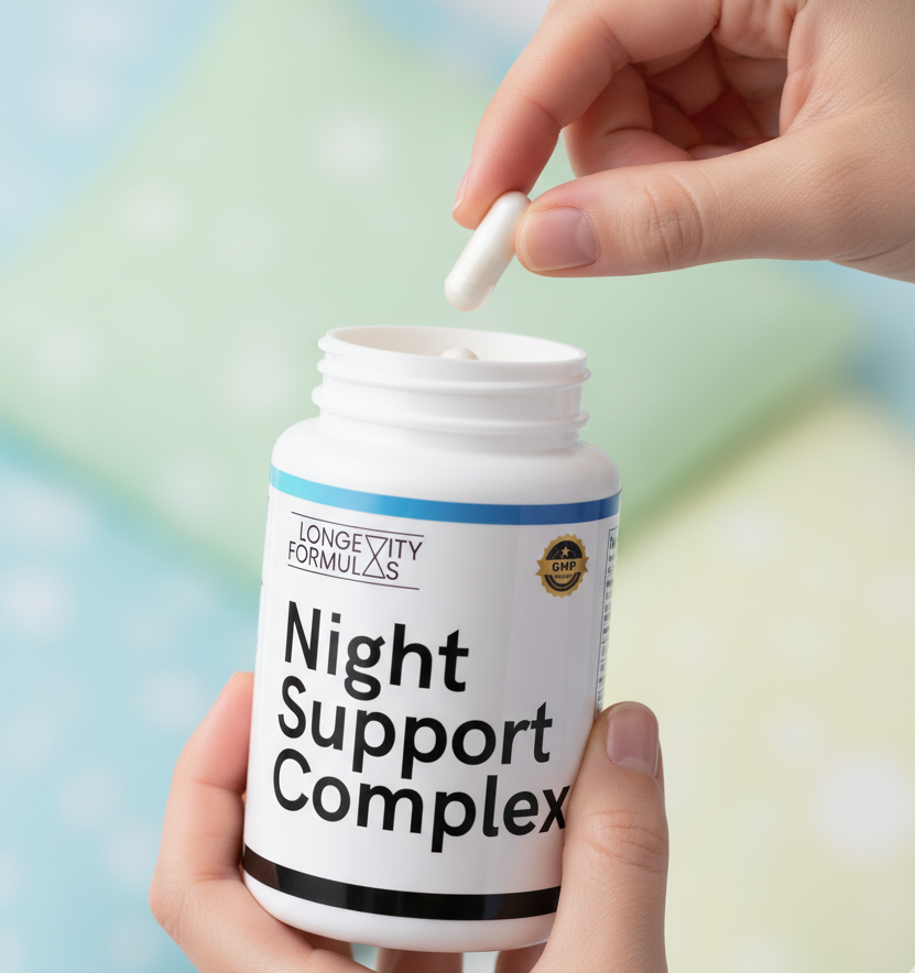 a bottle of our stress and sleep formula in someones hand