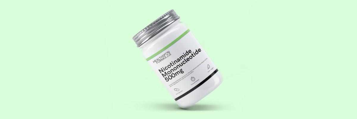 a bottle of our pure nmn supplement on a green background