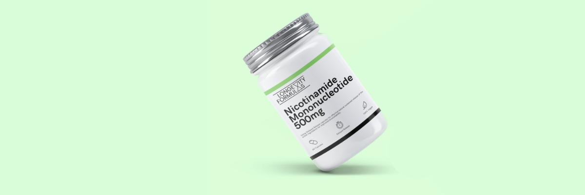Supplement container labeled 'Nicotinamide Mononucleotide' on a light green background