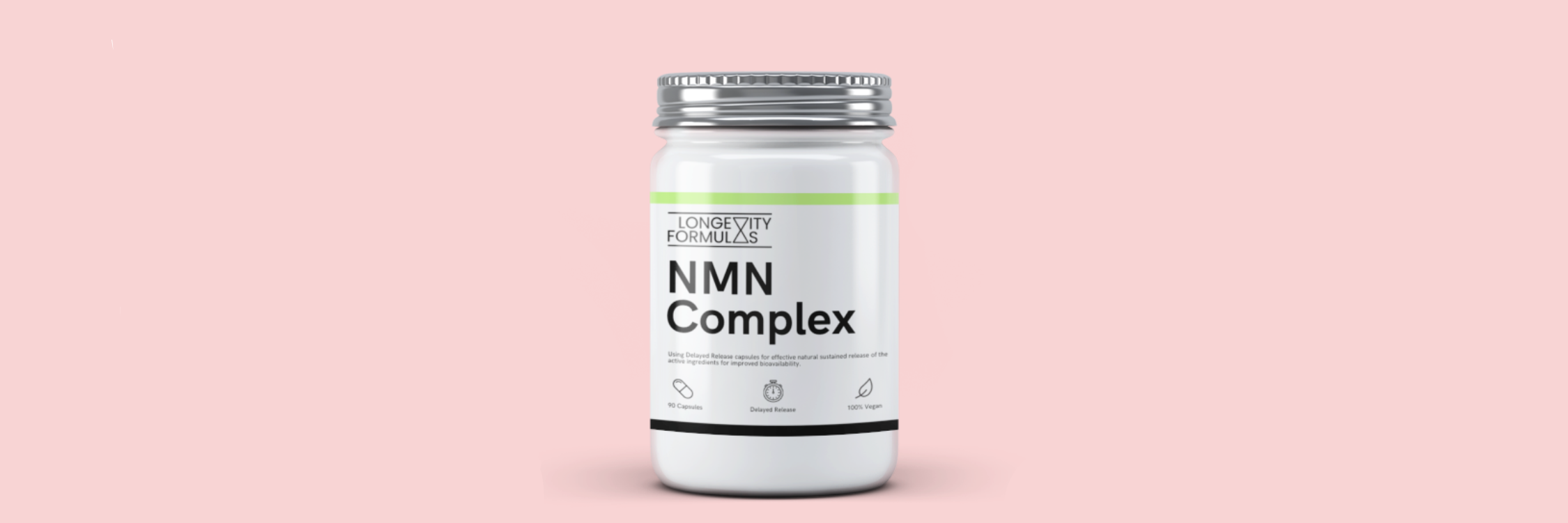 NMN Complex supplement container on a pink background