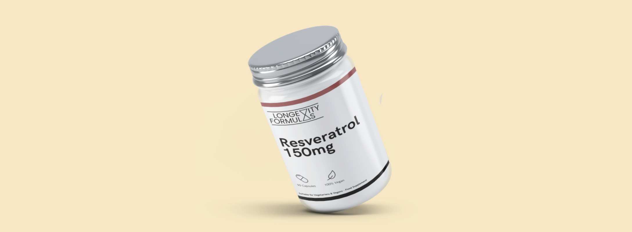 Supplement container labeled 'Resveratrol 150mg' on a beige background