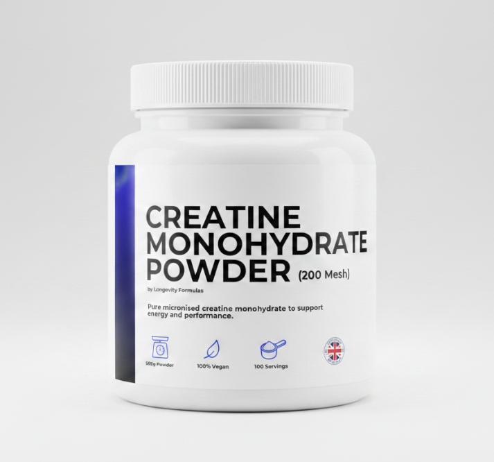 a tub of our creatine monohydrate powder in a white, 500g tub