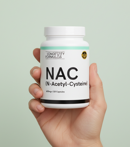 Hand holding a supplement bottle labeled 'NAC' with a light green background