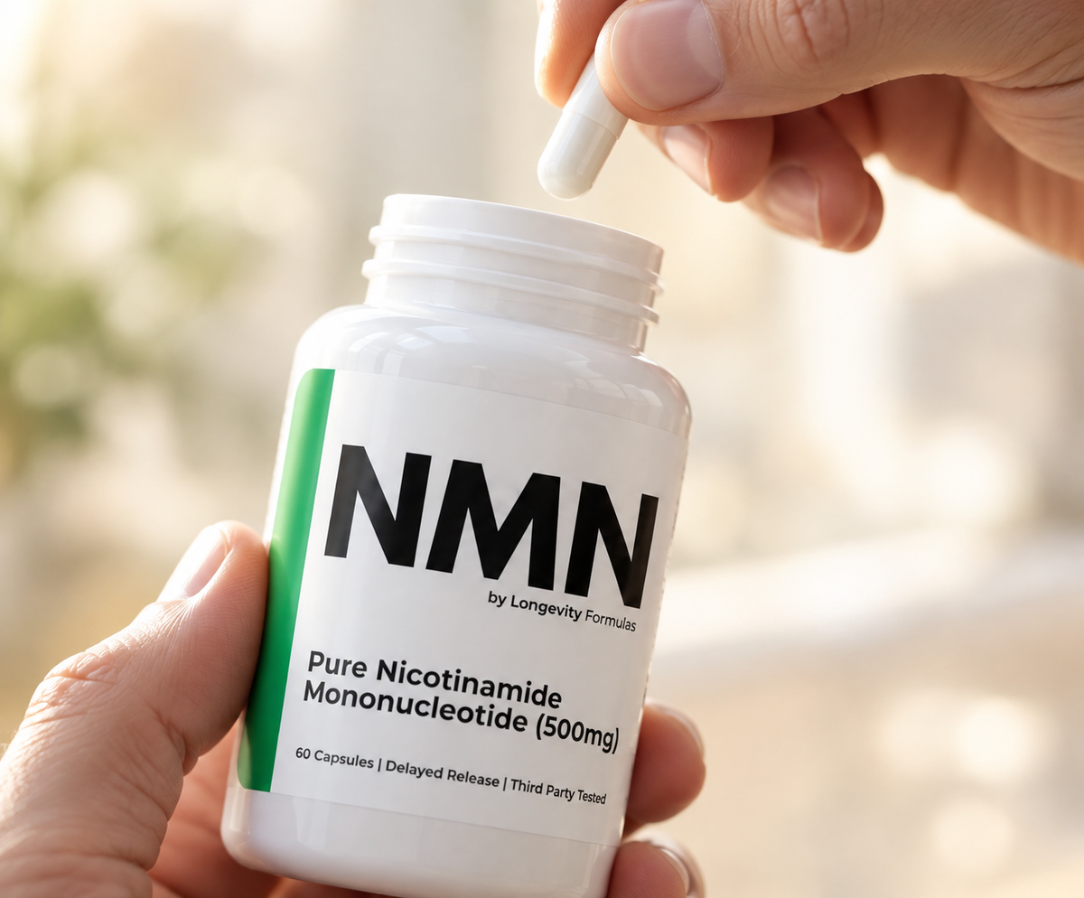 A close-up of a hand holding a white supplement bottle labeled 'NMN by Longevity Formulas' while another hand drops a capsule into the open bottle. The bottle has a white label with a green stripe and bold black 'NMN' text, set against a softly blurred warm outdoor background.